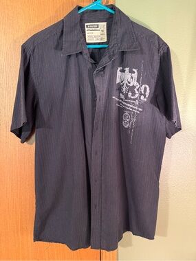 Machine Mens XL Y2K Graphic Button Up Shirt Black Pinstripe